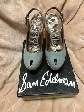 Sam Edelman Light Blue and Tan Slingback Peep-Toe Wedges